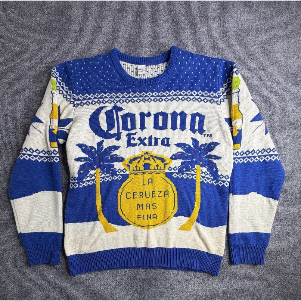 Vintage Corona Extra‎ Beer Logo Ugly Christmas Sweater Mens Blue Size XLarge